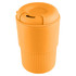 A drink bottle in vibrant orange, featuring a textured design and a lid with a small opening, includes branding.