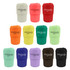 A collection of reusable coffee cups in various colours, featuring ribbed bases and a logo.
