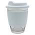 A glass coffee cup with a white silicone sleeve and lid, featuring a smooth, transparent design.