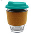 A glass coffee cup with a teal lid and cork sleeve, featuring a simple design and transparent body.