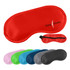 A collection of satin sleep eye masks in various colours including red, pink, green, blue, and grey. One has a logo.