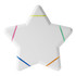 A star-shaped highlighter in white, featuring coloured bands in pink, yellow, blue, and green. It has a logo.