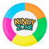 A circular highlighter featuring five segments in vibrant colours: blue, orange, pink, green, and yellow. It has a central logo.