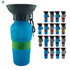 A drink bottle in blue with a green silicone band, featuring a black lid and a logo. Various colour options displayed.