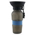 A drink bottle with a black funnel and blue silicone band, featuring a sleek, transparent body.