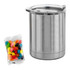 A silver coffee mug with a clear lid beside a packet of colourful jelly beans. The mug has a branding logo.