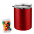A red coffee mug with a clear lid beside a bag of colourful jelly beans. The mug has a branding logo.