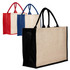 Three jute bags in natural, red, blue, and black colours, featuring sturdy handles and a plain design.