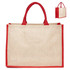A jute bag in natural beige with red handles and edges, featuring a simple design and a logo.