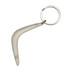 A curved silver key ring featuring a boomerang design, complete with a circular attachment.