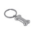 A shiny silver bone-shaped keyring attached to a metal ring. The keyring has a sleek, polished finish.