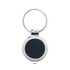 A matte black key ring with a polished silver metal rim and a circular design. It features a branding logo.