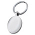 A silver key ring with a smooth, oval pendant, featuring a shiny, reflective surface and a round attachment.