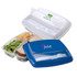 A blue and white three-section lunch box with compartments for sandwiches, salad, and snacks. It has branding on the lid.