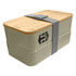 A two-tier wheat straw lunch box in a light beige colour with a bamboo lid and grey strap. Features a logo.