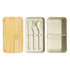 A wheat straw lunch box pack in beige with a bamboo lid and included utensils: fork, knife, and spoon.