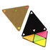 A triangular sticky note set in black and brown with pink, yellow, and green note sections, featuring a logo.