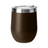 A drink mug in dark brown with a stainless steel rim and a clear lid, featuring a logo.