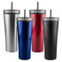 A set of four travel mugs in silver, blue, red, and black, each with a straw and a lid.
