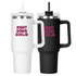 A travel mug set with two designs: a white mug with a clear lid and a black mug with a handle. Both have logos.