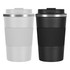 A travel mug set featuring one white and one black mug, both with textured grips and a sleek lid.