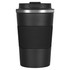 A travel mug in black with ribbed detailing and a metal lid. It features a branding logo.