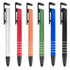 A selection of metal stylus pens in silver, red, orange, green, blue, and black, featuring a stylish design.