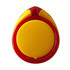 A phone stand shaped like a teardrop, featuring bright yellow and red colours, with a logo on the surface.