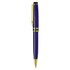A metal pen in a rich purple colour with gold accents and a clip. It features a branding logo.