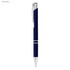 A navy blue metal pen with a silver clip and accents, featuring a logo.