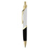 A metal pen in white and black with gold accents, featuring a clip and a sleek design.