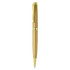 A metal pen in gold with gold accents and a clip. It features a sleek, elegant design.