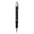 A metal pen in black with a silver clip and grip section, featuring a logo on the barrel.
