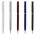 A set of five metal pens in silver, maroon, navy blue, and black, each with a simple design and a clip.
