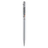 A metal pen in silver with a clip and a branding logo on the side.