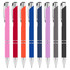 A selection of metal pens in pink, red, orange, blue, purple, and grey, each featuring a logo.