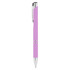 A pink rubberised metal pen with a silver clip and accents, featuring a logo on its surface.
