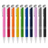 A set of ten metal pens in pink, red, orange, yellow, green, blue, navy, purple, black, and grey, each featuring a logo.