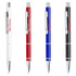 Four metal pens in white, red, blue, and black, each featuring a logo.