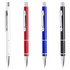 Metal pens in white, red, blue, and black with a textured grip and silver accents. Each pen features a branding logo.