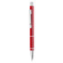 A metal pen in vibrant red with silver accents and a textured grip, featuring a clip and logo.