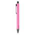 A pink metal pen with a black clip and tip, featuring a simple design and a branding logo.