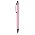 A metal pen in a soft pink colour with a black clip and tip. Features branding on the surface.