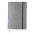 A5 textured PU notebook in grey with a black elastic closure band and a pen holder. Features branding logo.