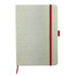 A cream-coloured A5 cotton notebook with a red elastic band and bookmark. Features a logo on the cover.