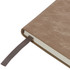 A brown notebook with a textured cover and a ribbon bookmark on the side. It features a logo.