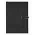 A black notebook with a textured cover and a silver clip closure, featuring a branding logo.