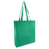 A green non-woven reusable grocery bag with large gusset and two sturdy handles, featuring a logo.
