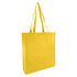A yellow non-woven reusable grocery bag with large gusset and two handles, featuring a logo.