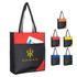 A reusable non-woven bag featuring a mix of red, black, and other vibrant colours, with a logo and external pocket.